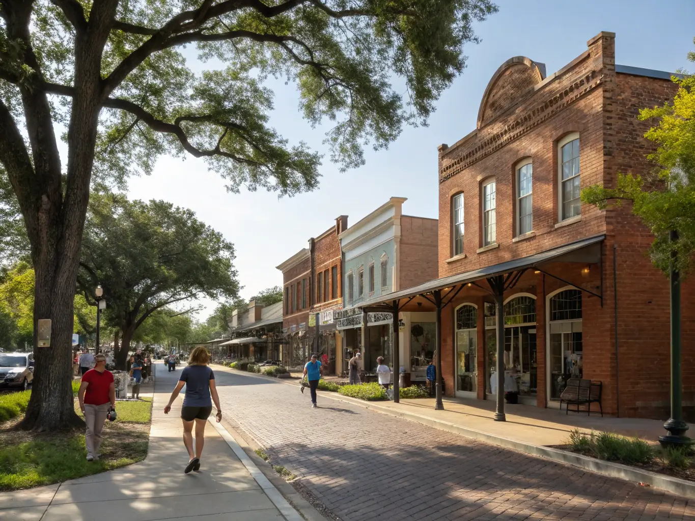 A vibrant town square in Bellville, Texas, showcasing the town's historic charm and community spirit. The image should feature local shops, restaurants, and residents enjoying a sunny day, highlighting the town's welcoming atmosphere.