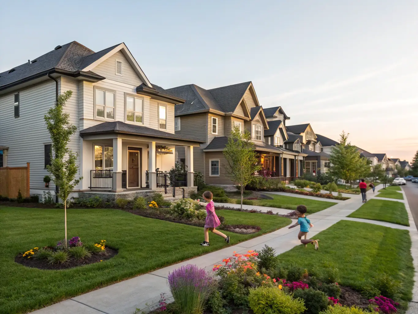 A picturesque street in Katy, Texas, lined with newly constructed homes, showcasing a family-friendly community with well-manicured lawns and modern architecture. The image should convey a sense of suburban tranquility and new beginnings.