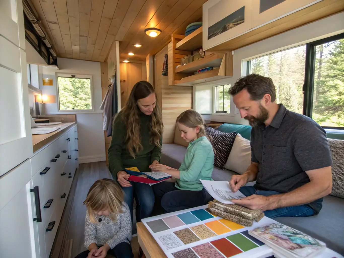 A family selecting custom finishes and design options for their new construction home in a builder's design center.